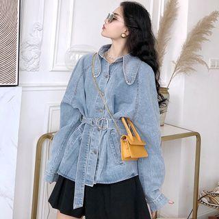 Long-sleeve Belted Denim Shirt Blue - One Size