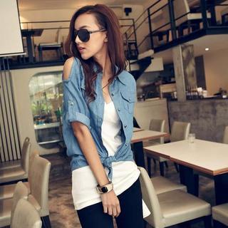 Cut-out Shoulder Denim Shirt Medium Blue - One Size
