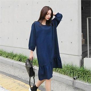 3/4-sleeve Frill-hem Linen Blend Dress