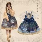 Set: Cartoon Print Pinafore Dress + Lace Trim Long-sleeve Top