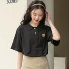 Elbow-sleeve Bear Embroidered Polo Shirt Black - One Size
