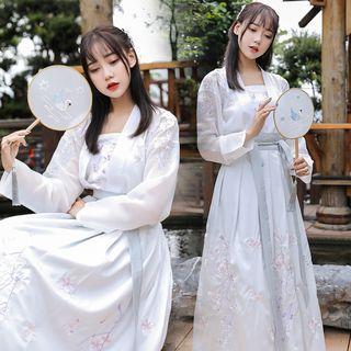 Flower Embroidered Open-front Jacket / Camisole Top / A-line Maxi Skirt
