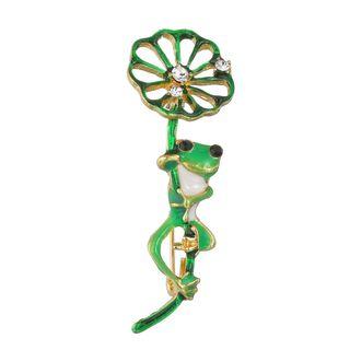 Rhinestone Alloy Frog & Lotus Leaf Brooch Green - One Size
