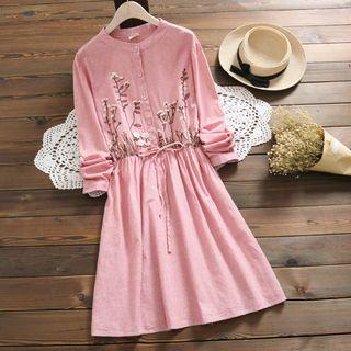 Long-sleeve Striped Flower Embroidered A-line Dress