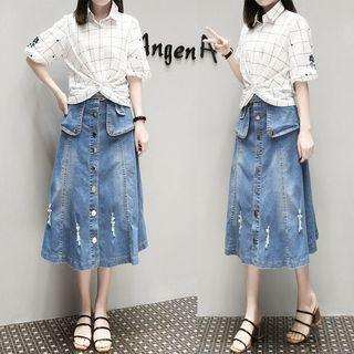 Set: Embroidered Elbow-sleeve Check Shirt + Ripped Buttoned Denim Skirt