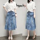 Set: Embroidered Elbow-sleeve Check Shirt + Ripped Buttoned Denim Skirt