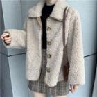 Contrast Trim Shearling Jacket / High-waist Plaid Skirt / Long-sleeve Plain Top
