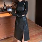 Set: Long-sleeve Top + Chain-strap Faux Leather A-line Dress