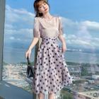 Set: Puff-sleeve Blouse + Dotted Midi A-line Skirt