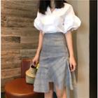 Short-sleeve V-neck Blouse / Ruffle A-line Skirt