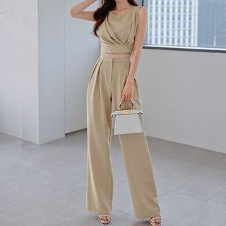 Set: Sleeveless Crop Top + Wide Leg Dress Pants