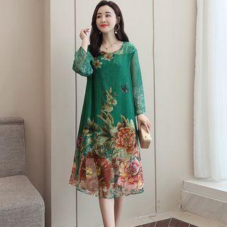 Long-sleeve Floral-print A-line Layered Dress