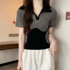 Short-sleeve Color Block Panel Polo-neck Top
