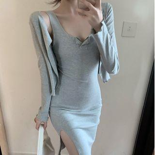 Set: Plain Cardigan + Sleeveless Slit-side Dress