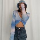 Tie-dyed V-neck Crop Knit Top Blue - One Size