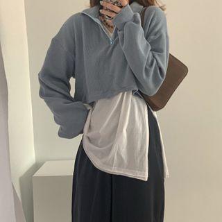 Half-zip Cropped Pullover / Side-slit Long-sleeve T-shirt / Wide-leg Pants