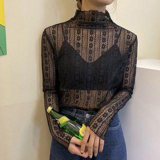 Mock Neck Long-sleeve Lace Crochet Top Black - One Size