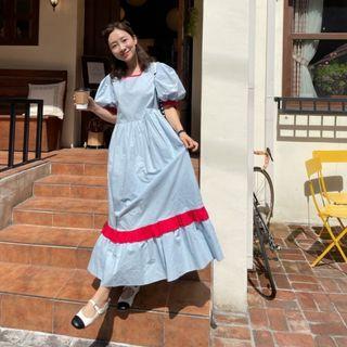 Puff-sleeve Two-tone Maxi A-line Dress