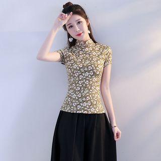 Floral Short-sleeve Hanfu Top / Midi A-line Skirt / Set