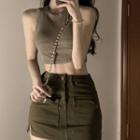 Plain Crop Tank Top / Denim Mini Pencil Skirt