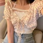 Halter-neck Plain Lace Panel Camisole Top / Puff-sleeve Floral Lace-up Top