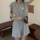 Set: Short-sleeve Lettering Crop Top + Sweatshorts
