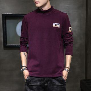 Long-sleeve Mock-neck Applique T-shirt