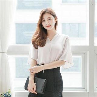 V-neck Flare-sleeve Chiffon Blouse