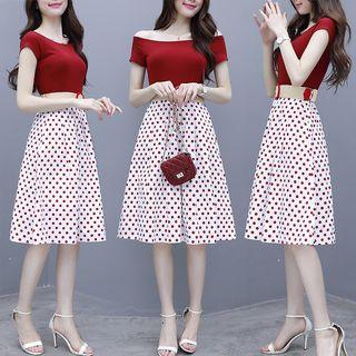 Set: Off-shoulder Top + Polka Dot A-line Skirt