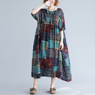 Elbow-sleeve Checker Midi Dress As Shown In Figure - One Size