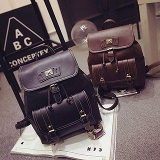 Drawstring Flap Faux Leather Backpack