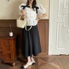Puff-sleeve Bow Accent Peplum Top / Midi A-line Skirt