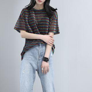 Glitter Rainbow-stripe Sheer Top