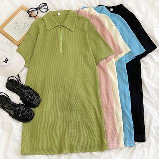 Short-sleeve Half-zip Plain Dress