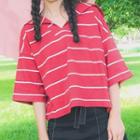 Elbow-sleeve Sailor Collar Striped T-shirt