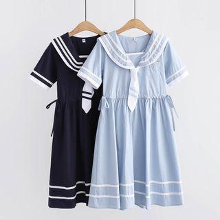 Short-sleeve Collar Striped A-line Dress