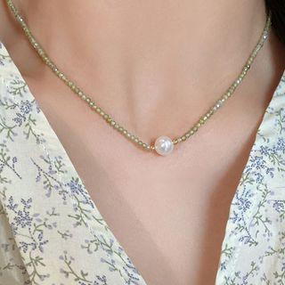 Faux Pearl Pendant Rhinestone Necklace