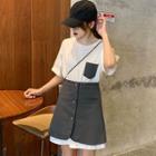 Elbow-sleeve Paneled Mini T-shirt Dress / Buttoned A-line Skirt