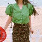 Short-sleeve V-neck Blouse Green - One Size