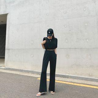 Set: Silky Banded-hem Crop T-shirt + Pants