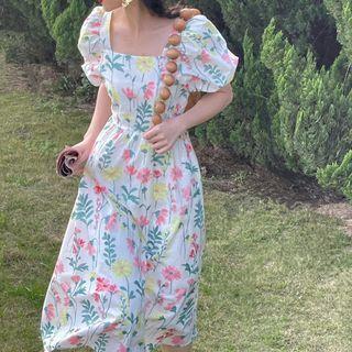Puff-sleeve Flower Print Midi A-line Dress / Mini A-line Dress