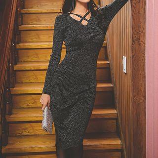 Long-sleeve Glitter Midi Sheath Knit Dress Black - One Size