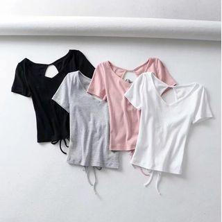 Short-sleeve V-neck Open Back Plain Crop Top