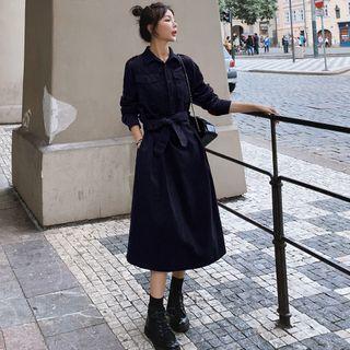 Tie-waist Midi A-line Corduroy Shirtdress