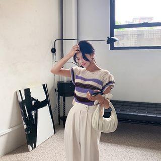 Cap-sleeve Stripe Open-knit Top Cream - One Size