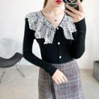 Long-sleeve Lace Paneled Wide Collar Buttoned Knit Top