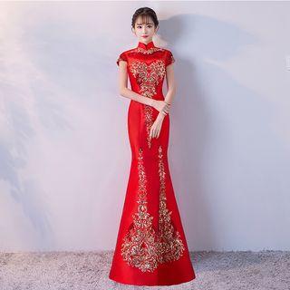 Short-sleeve Embroidered Sheath Long Cheongsam
