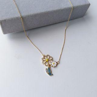 Alloy Butterfly & Flower Pendant Necklace 1 Pc - As Shown In Figure - One Size