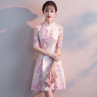 Short-sleeve Embroidered A-line Qipao Dress