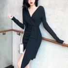 Long-sleeve V-neck Sheath Dress Black - One Size